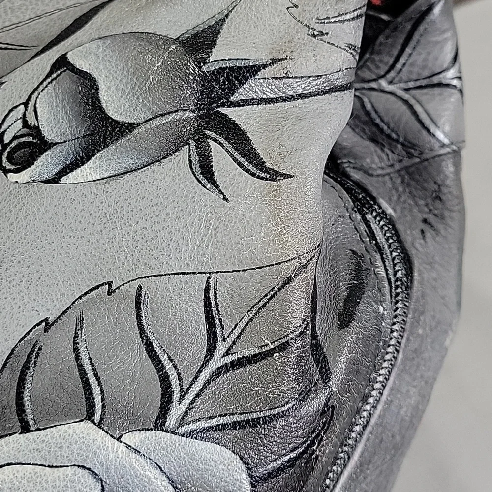 Anuschka Black and Gray Floral Leather Handbag